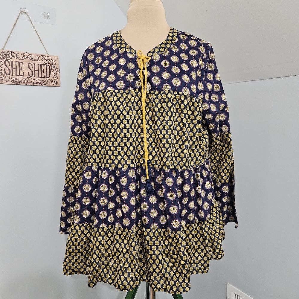 Earthbound Boho Patchwork Cotton‎ Tunic Top Navy Yellow XL Peasant Style Gypsy
